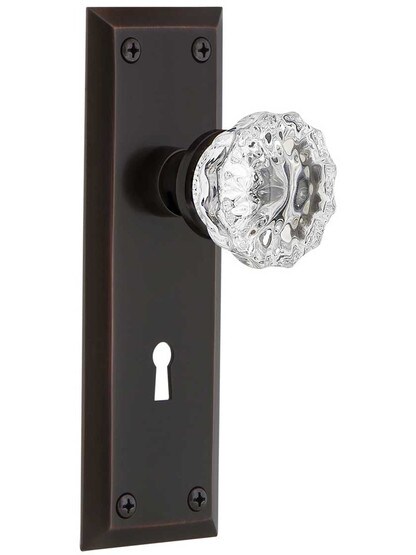 New York Mortise Lock Set With Fluted Crystal Door Knobs in Timeless Bronze.